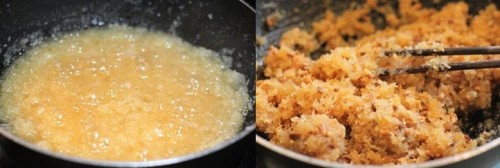 Đun sôi nước đường rồi cho dừa nạo và đậu phộng vào 