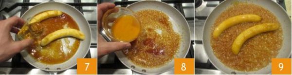 Vớt chuối ra đĩa rồi cho nước cam vào chảo đun