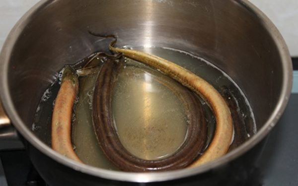 Ngâm lươn trong nước cốt chanh để làm sạch nhớt lươn
