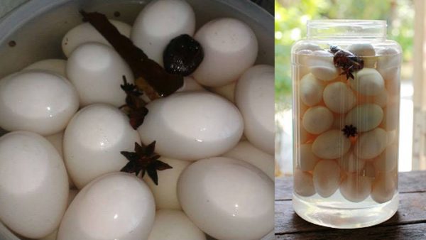 Cho trứng vào lọ thủy tinh rồi đổ hỗn hợp nước ngâm trứng vào