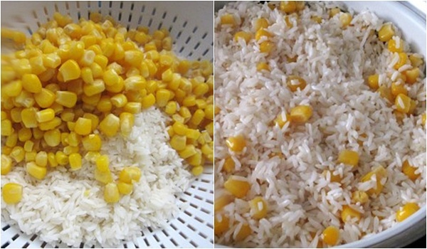 Trộn đều gạo nếp với ngô rồi đem nấu chín