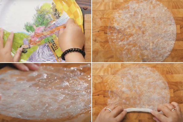 Thấm ướt bánh tráng rồi ép chặt lại với nhau