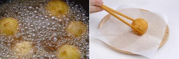 Đun nóng dầu cho viên bánh khoai tây vào chiên chín vàng