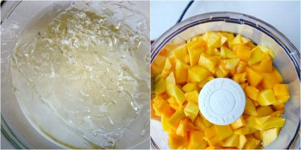 Ngâm lá gelatin cho mềm và xay nhuyễn xoài