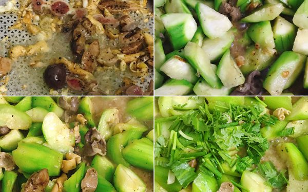 Phi thơm hành cho lòng gà cùng mướp hương vào xào chín