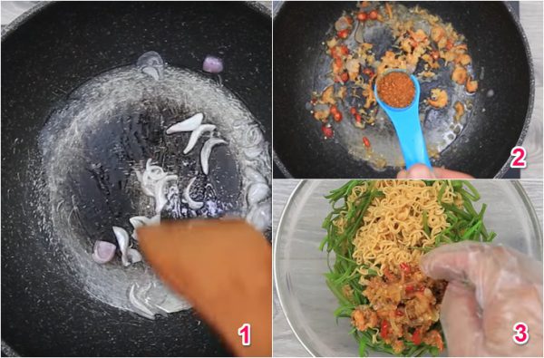 Trộn mì tôm và rau muống
