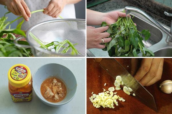 Sơ chế rau muống và pha chao.