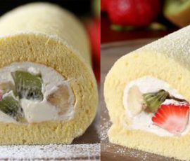 Món bánh bông lan cuộn kem tươi trái cây