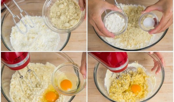 Cho bột hạnh nhân, vani, trứng và rượu rum vào đánh đều