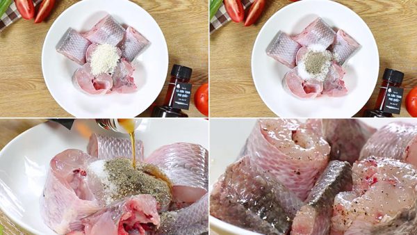 Cá làm sạch cắt khúc rồi ướp cùng gia vị