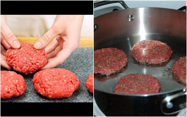 Nặn thịt bò hình tròn dẹt rồi chiên chín
