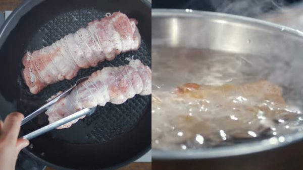 Áp chảo vàng đều các mặt của cuộn thịt