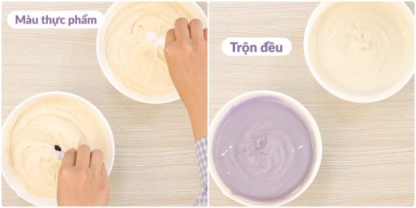 Chia đậu làm 2 phần rồi thêm màu vào trộn đều