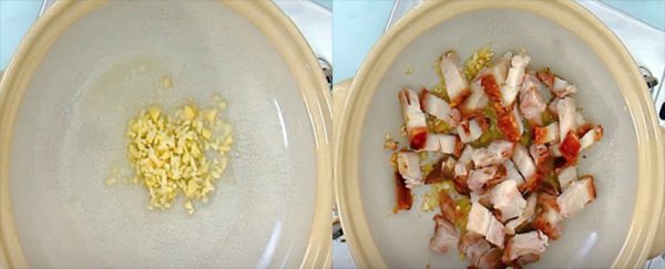 Phi thơm gừng tỏi rồi cho thịt heo quay vào đảo đều