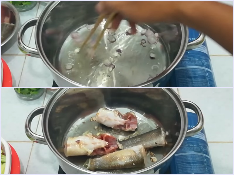 Phi thơm hành rồi cho cá vào chiên sơ
