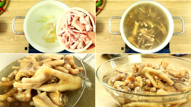 Chân gà làm sạch rồi đem đi luộc cùng gừng và sả