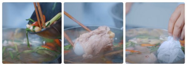 Cho các nguyên liệu vào nồi nước hầm lấy nước dùng