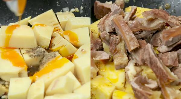 Phi thơm hành rồi cho măng và gân bò vào đảo đều