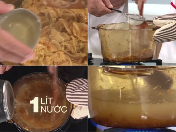 Cho các nguyên liệu vào hành đã xào