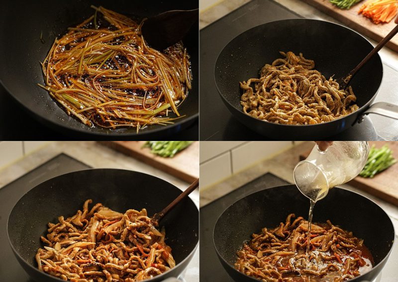 Phi thơm hành rồi cho các ngyên liệu vào xào chín
