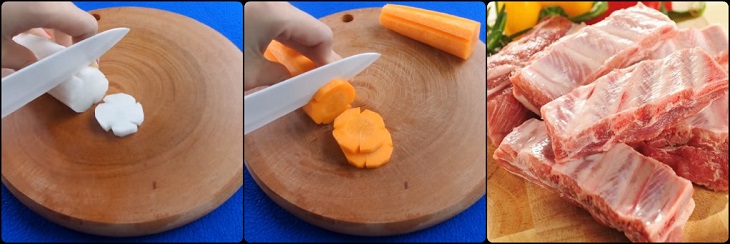 Chuẩn bị phần củ cải, cà rốt và sườn non