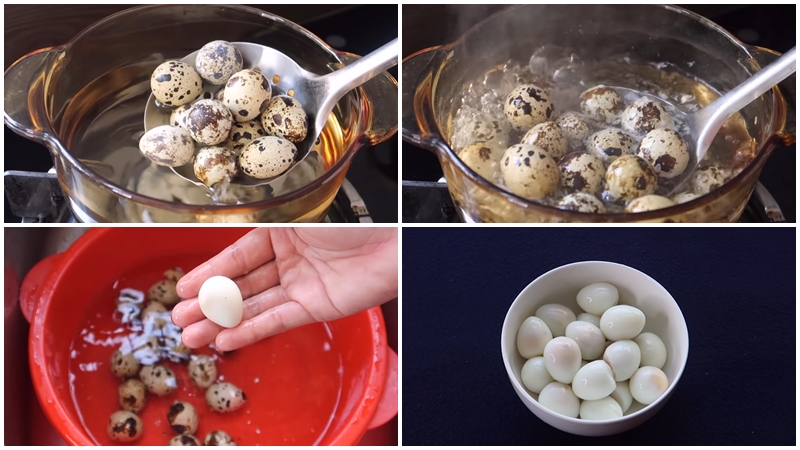 Luộc trứng cút rồi bóc bỏ vỏ