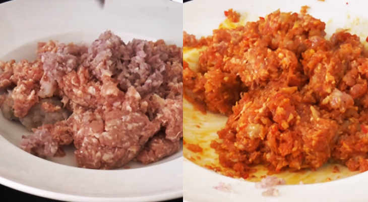 Cho các nguyên liệu trộn đều cùng gia vị để làm nhân chả lụi