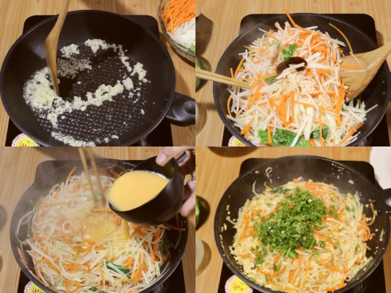 Phi thơm tỏi rồi cho các nguyên liệu xào xào chín