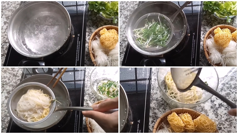 Trụng giá hẹ và hủ tiếu
