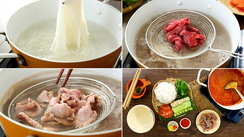 Trụng hủ tiếu và thịt bò