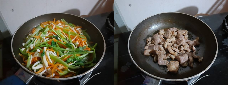 Đun nóng dầu cho các nguyên liệu vào xào