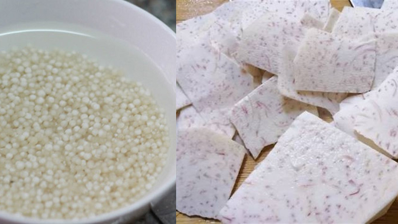 Chuẩn bị phần khoai môn và bột báng
