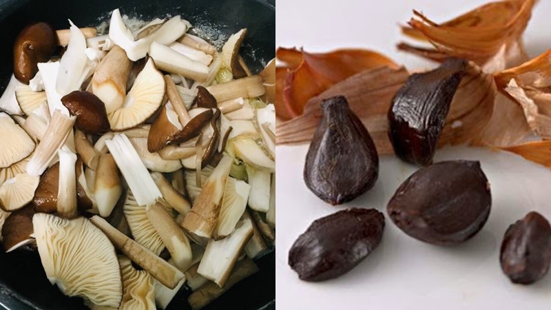 Đun nóng dầu xào thơm gừng rồi cho nấm và tỏi đen vào xào