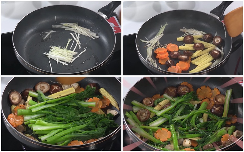 Xào rau cải ngồng với nấm