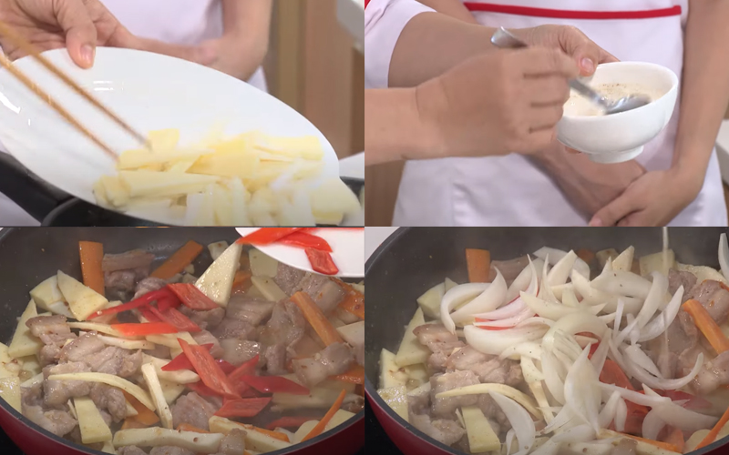 Cho củ hũ dừa cùng các nguyên liệu vào xào chín