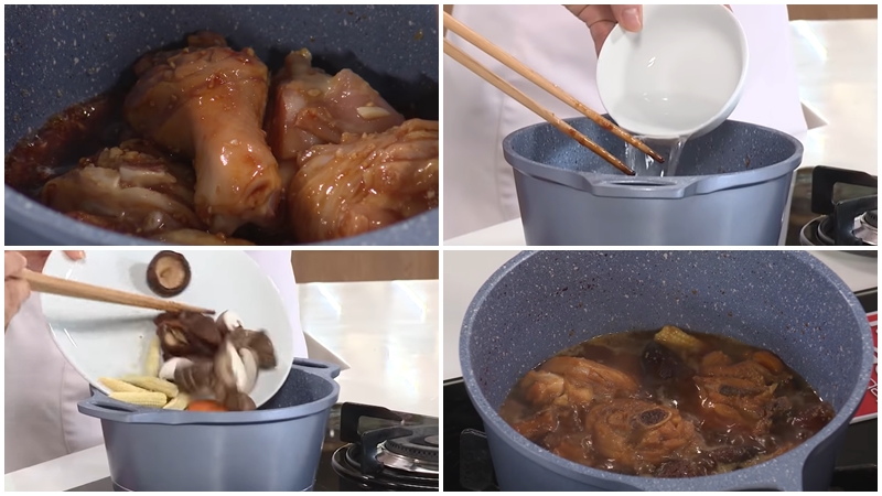 Cho thêm 1 chén nước cùng các nguyên liệu còn lại vào nồi kho chín