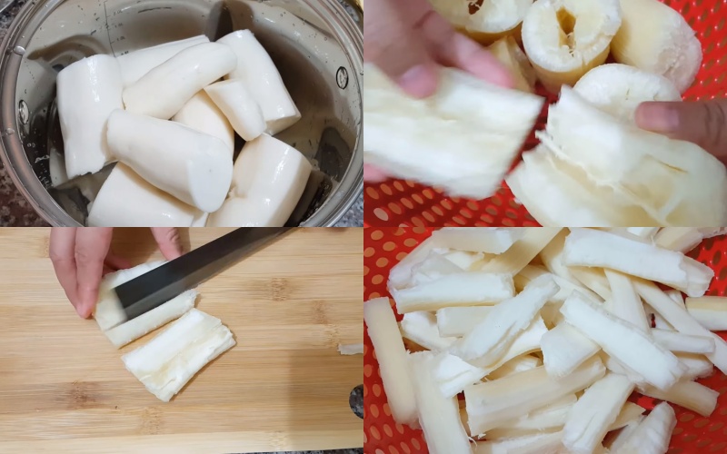 Luộc và cắt khúc khoai mì