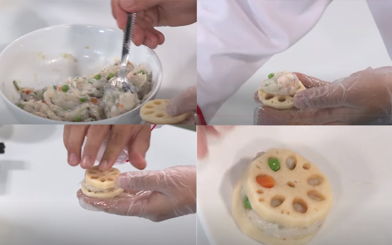 Đặt chả mực vào giữa 2 miếng củ sen và ép lại