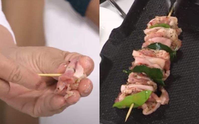 Xiên từng miếng thịt vào que