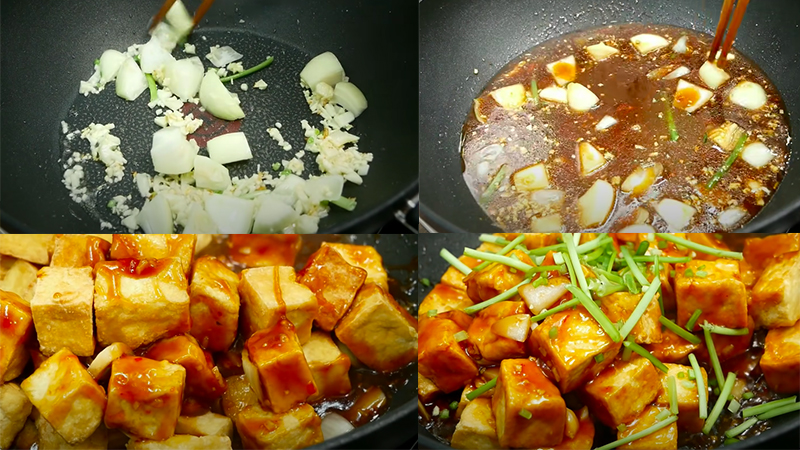 Nấu nước sốt rồi làm đậu hũ sốt tỏi