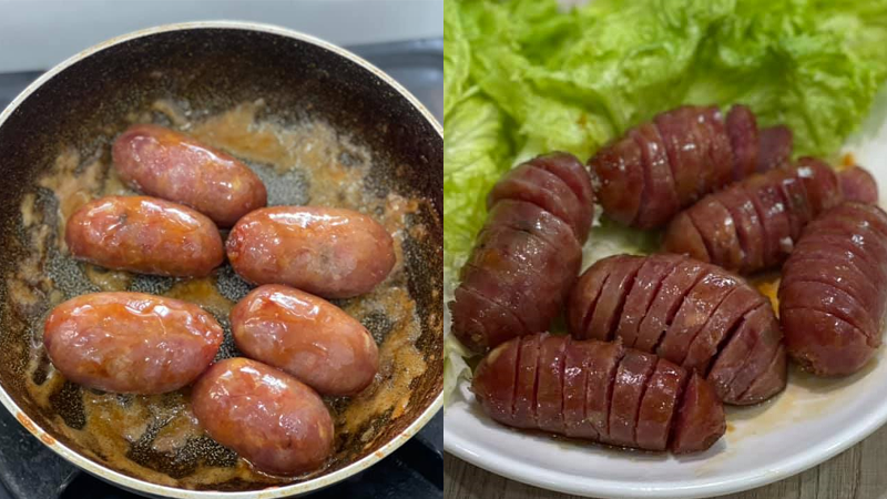 Cho lạp xưởng ra đĩa và thưởng thức cùng cơm trắng