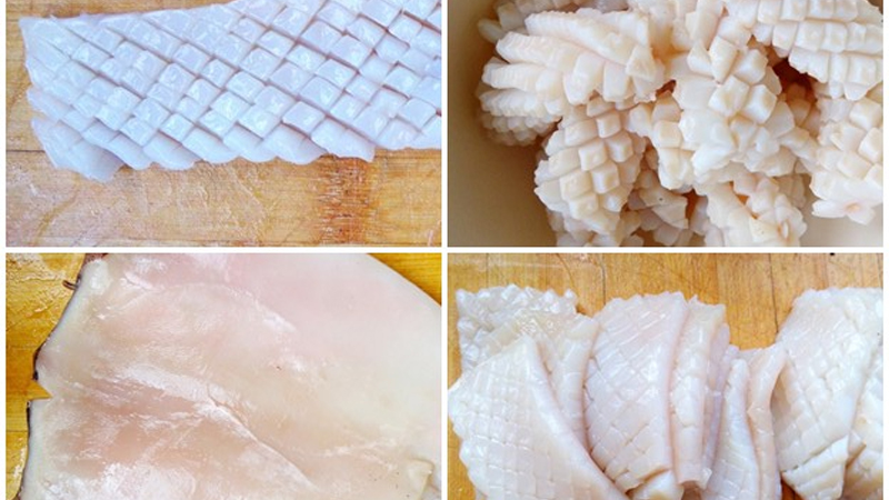 Mực ống khứa vảy rồng rồi cắt miếng vừa ăn