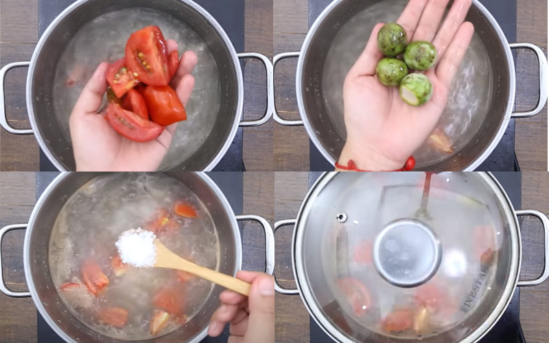 Cho thêm sấu và cà chua vào nồi canh sườn