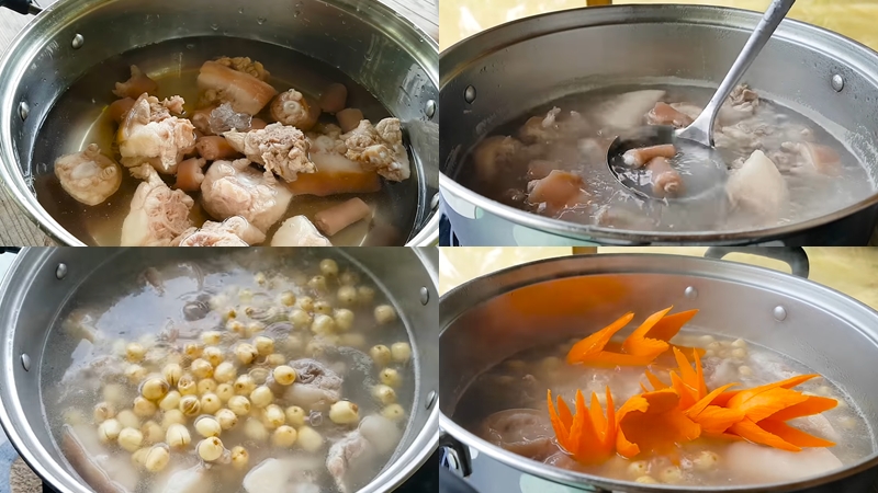 Đuôi heo mềm cho thêm hạt sen và cà rốt vào hầm chín mềm