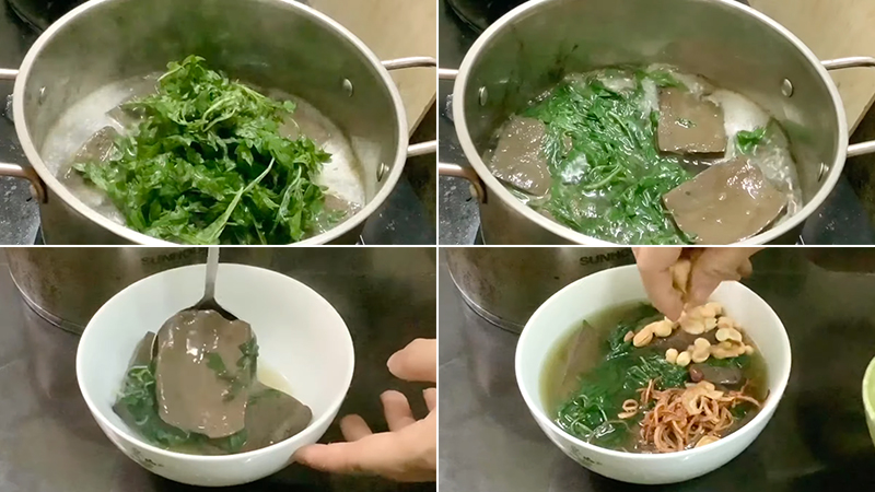 Khi tiết chín cho thêm rau ngải cứu vào hầm