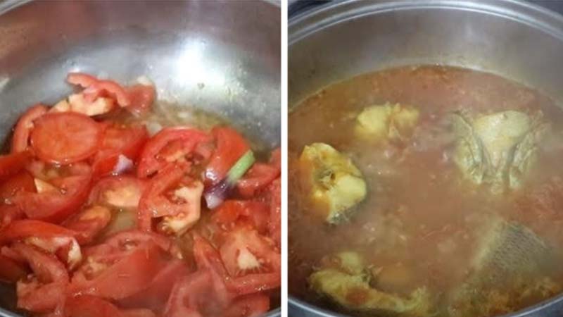 Xào mềm cà chua rồi cho cá vào nấu chín