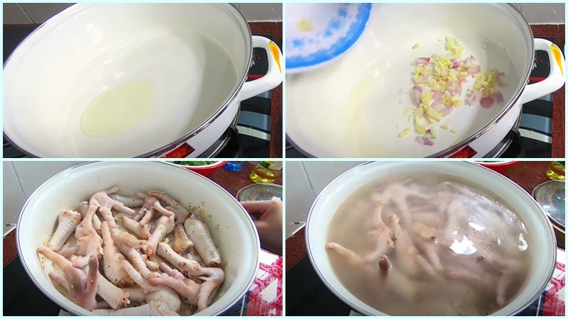 Phi thơm hành rồi cho chân gà vào xào